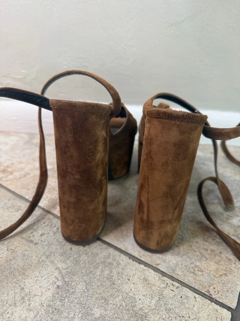 Saint Laurent Brown Suede Platform Sandals with Ankle Ties - Picture 3 of 5